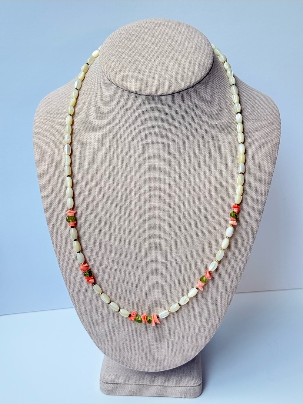 Handmade Coastal Beaded Necklace Pink Coral Green Gemstone Shell Style Necklace
